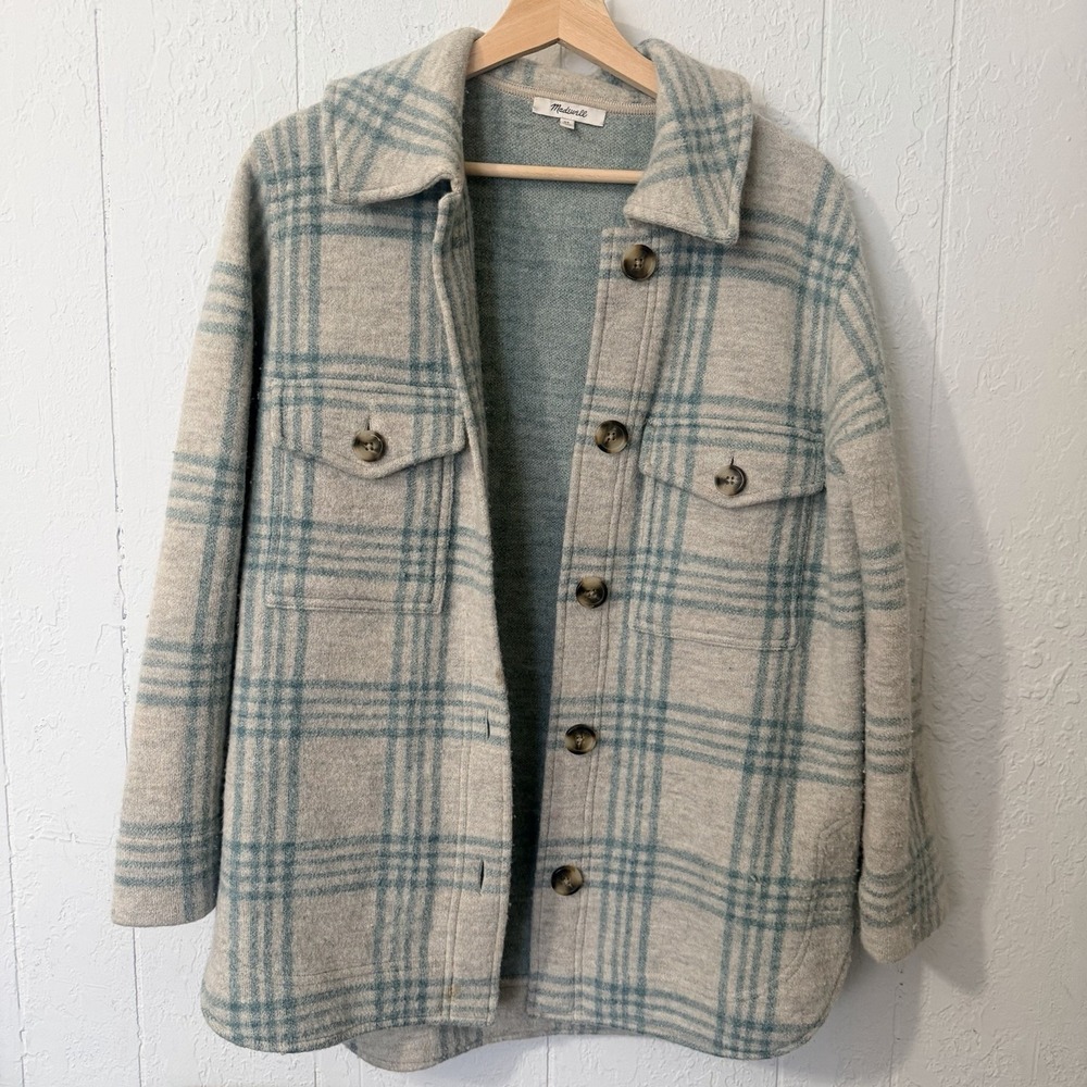 Madewell Boiled Wool Blue Grey Plaid Button-Up Shirt-Jacket Extra Extra Small